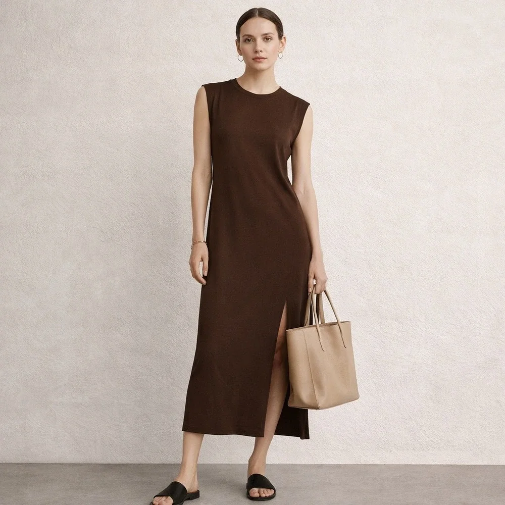 FRAME Womens Le Muscle Midi T Shirt Dress M Chocolate Organic Cotton Minimalist - Picture 1 of 8